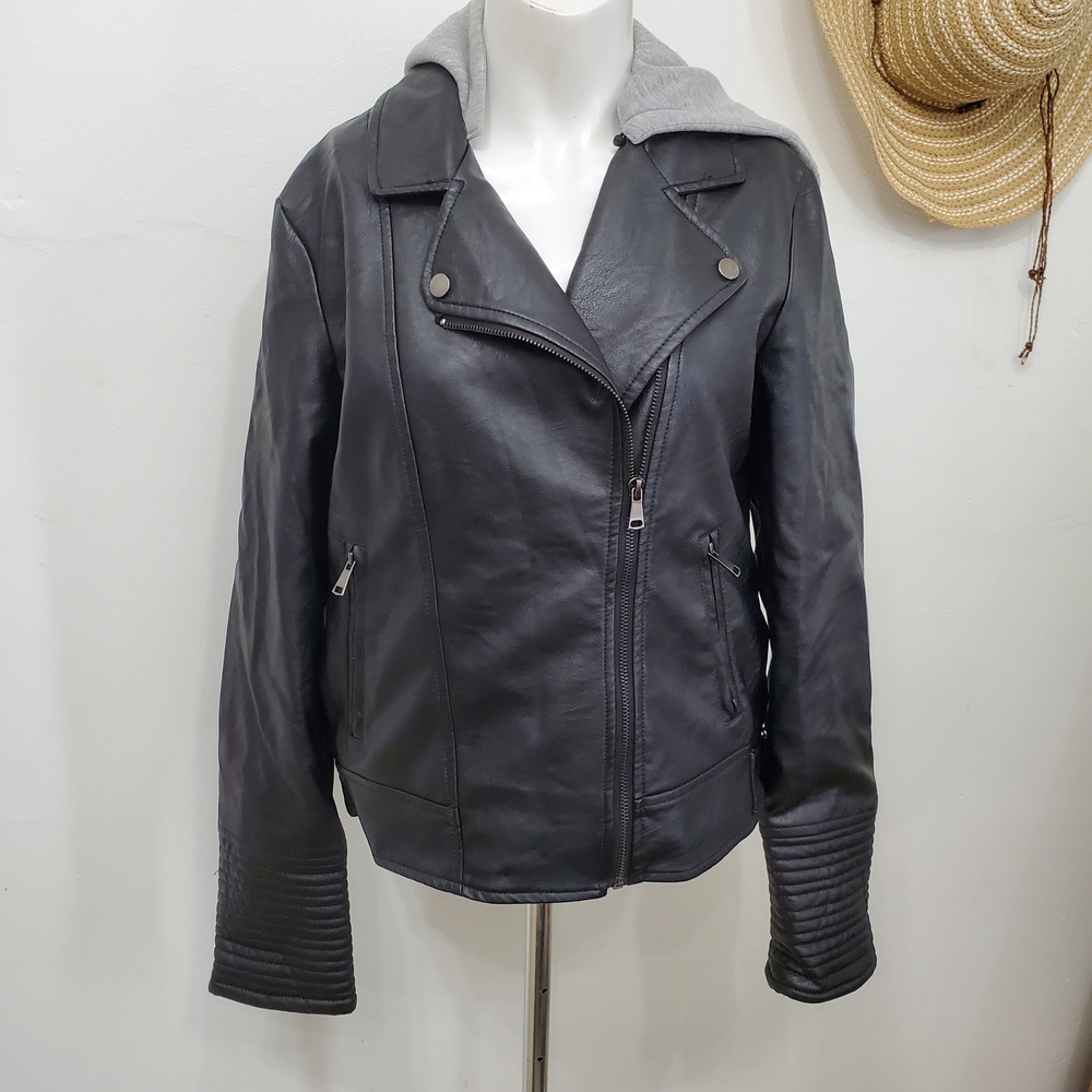Faux Leather Moto Jacket with Detachable Gray Hood